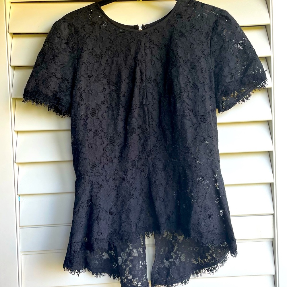BCBG black lace peplum zip back top